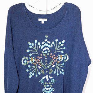 Gorgeous Sonoma Blue Embroidered Scoop Neck L/S Tunic Sweater Size XL EUC